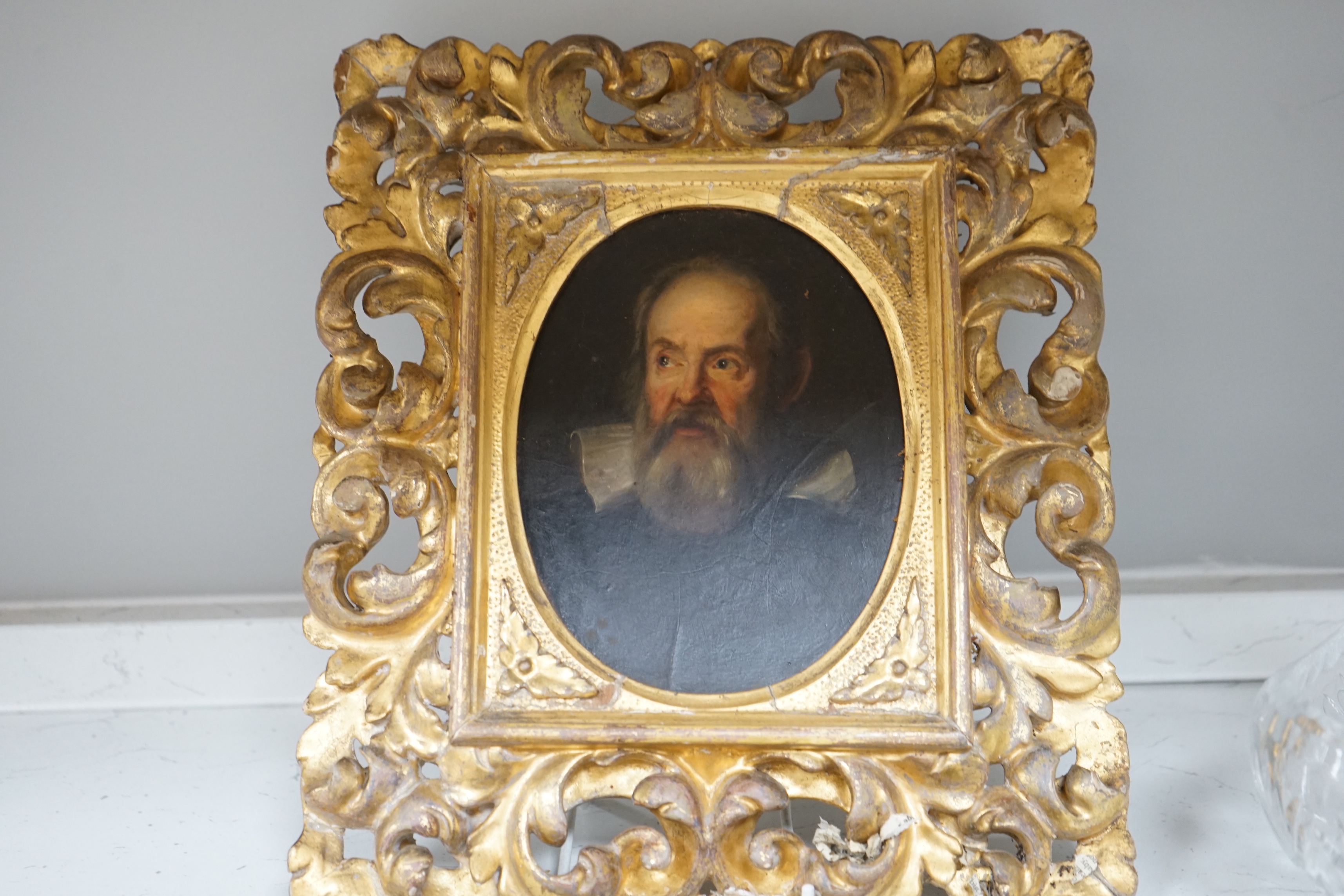 A set of three 19th century Old Master style oils on board, portraits after Leonardo Da Vinci (1452-1519) Raphael (1483-1520) and one other, indistinct ink descriptions verso, housed in gilt Florentine gilt frames, large